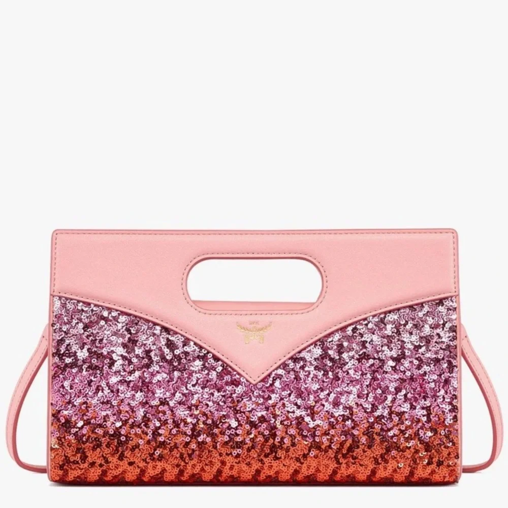 MCM Diamond Tote In Sequin Lamb Leather Pink NWT - Picture 2 of 13